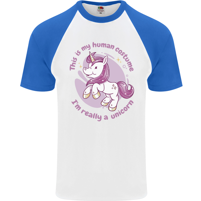 This is My Unicorn Costume Fancy Dress Outfit Mens S/S Baseball T-Shirt White/Royal Blue