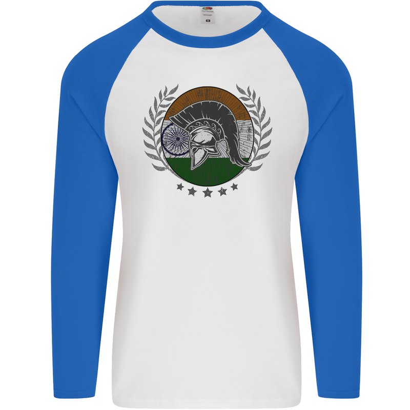 India Bodybuilding Flag Gym Training Indian Mens L/S Baseball T-Shirt White/Royal Blue