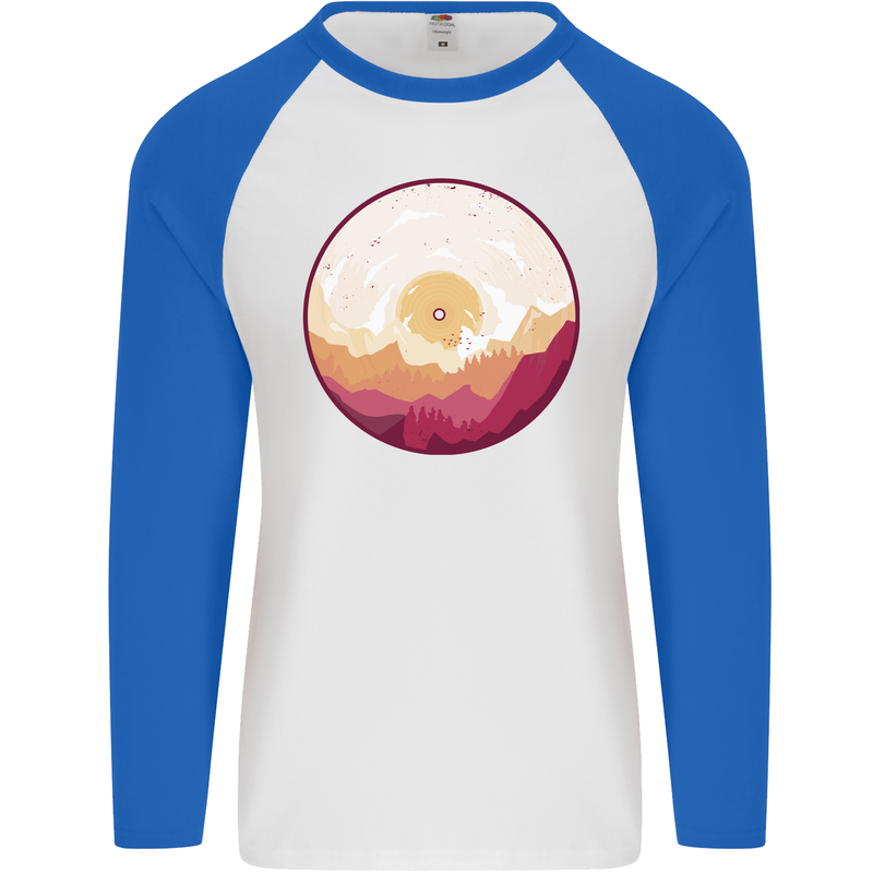 Vinyl Landscape Record Mountains DJ Decks Mens L/S Baseball T-Shirt White/Royal Blue