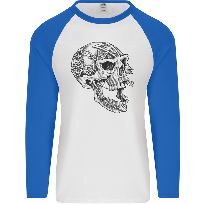 Viking Skull Symbols Mens L/S Baseball T-Shirt White/Royal Blue