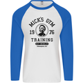 Micks Gym Training Boxing Boxer Box Mens L/S Baseball T-Shirt White/Royal Blue