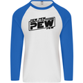 Pew Pew Pew Funny SCI-FI Movie Lightsaber Mens L/S Baseball T-Shirt White/Royal Blue