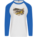 Steampunk Plane Aircraft Biplane Mens L/S Baseball T-Shirt White/Royal Blue