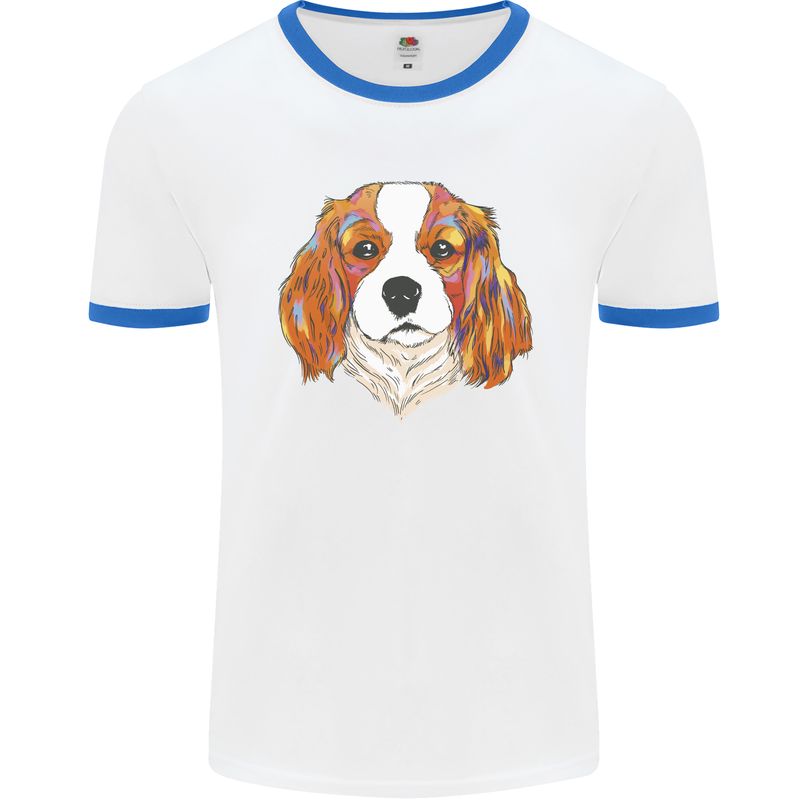 A Colourful King Charles Spaniel Dog Mens Ringer T-Shirt White/Royal Blue