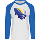 Curled Bosnia and Herzegovina Flag Day Football Mens L/S Baseball T-Shirt White/Royal Blue