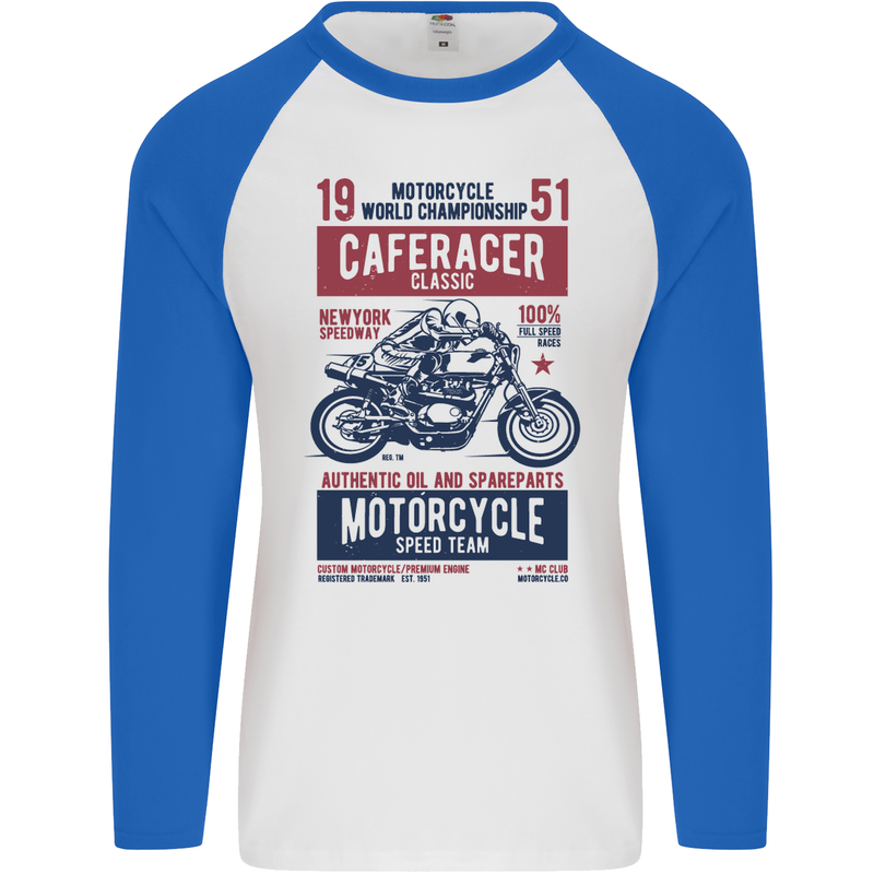 Biker Cafe Racer 1951 Motorbike Motorcycle Mens L/S Baseball T-Shirt White/Royal Blue