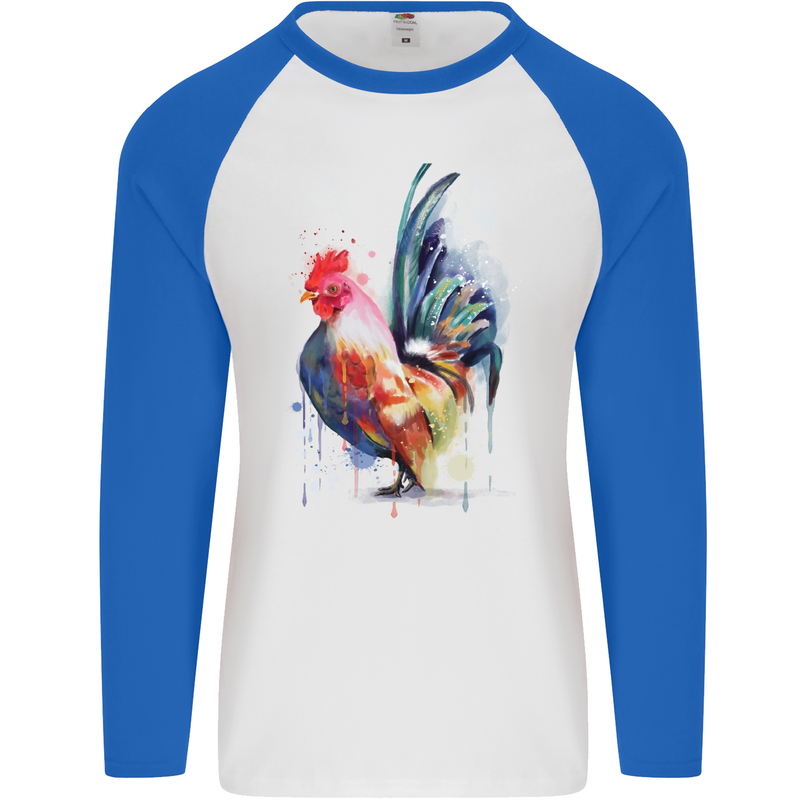 A Chicken Watercolour Mens L/S Baseball T-Shirt White/Royal Blue