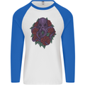 Octopus Skull Cthulhu Kraken With Roses Mens L/S Baseball T-Shirt White/Royal Blue