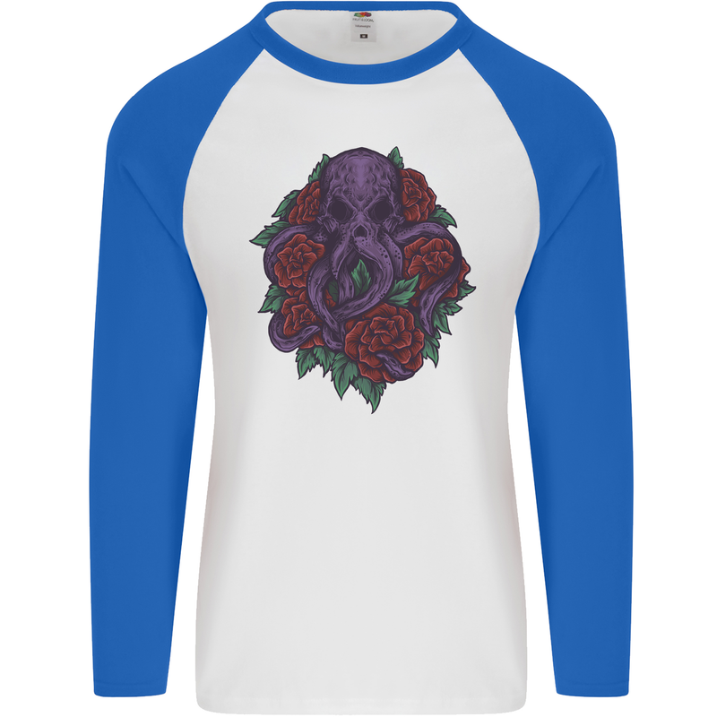 Octopus Skull Cthulhu Kraken With Roses Mens L/S Baseball T-Shirt White/Royal Blue