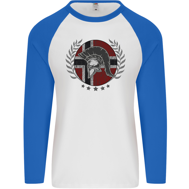 Norway Bodybuilding Flag Gym Training Spartan Mens L/S Baseball T-Shirt White/Royal Blue