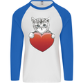 A Cute Cat With a Heart Love Valentines Day Mens L/S Baseball T-Shirt White/Royal Blue