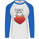 A Cute Cat With a Heart Love Valentines Day Mens L/S Baseball T-Shirt White/Royal Blue
