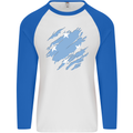 Torn Micronesia Flag Micronesian Day Football Mens L/S Baseball T-Shirt White/Royal Blue