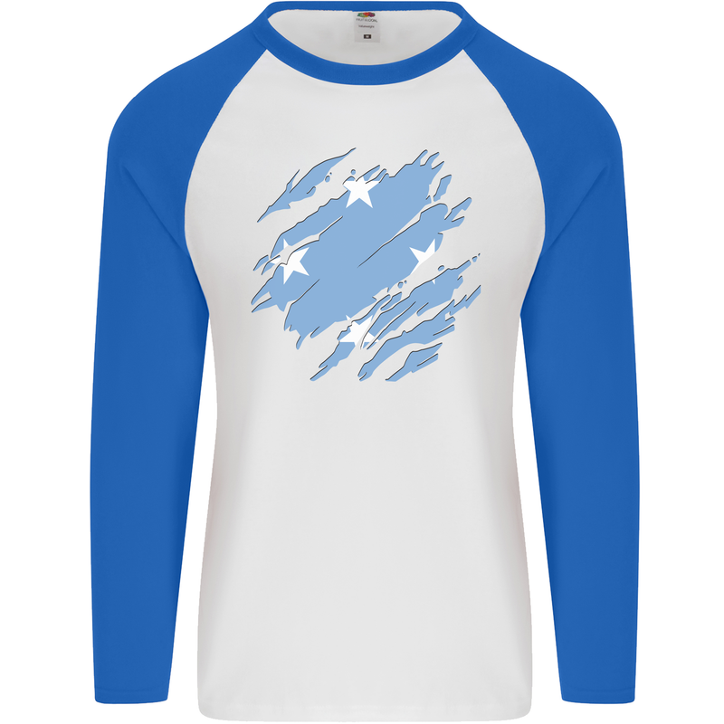 Torn Micronesia Flag Micronesian Day Football Mens L/S Baseball T-Shirt White/Royal Blue