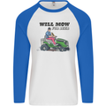 Will Mo the Lawn For Beer Funny Alcohol Mens L/S Baseball T-Shirt White/Royal Blue