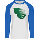 Curled Saudi Arabia Flag Arabian Day Football Mens L/S Baseball T-Shirt White/Royal Blue