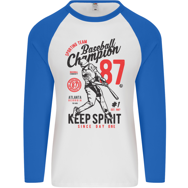 Baseball Champion Player Mens L/S Baseball T-Shirt White/Royal Blue