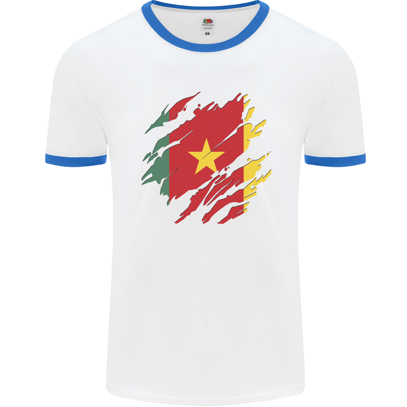 Torn Cameroon Flag Cameroonian Day Football Mens Ringer T-Shirt White/Royal Blue