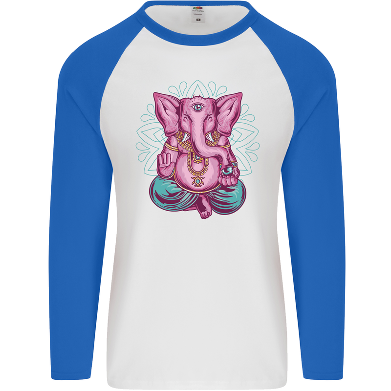 A Meditating Elephant Yoga Spiritual Mens L/S Baseball T-Shirt White/Royal Blue