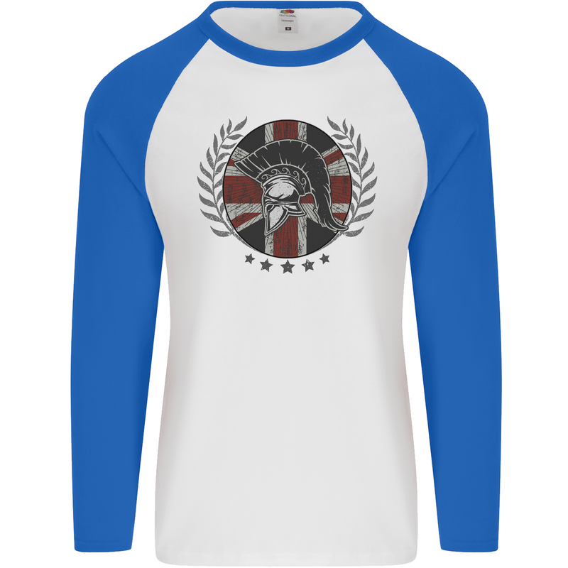 Union Jack Bodybuilding Gym Training Spartan Mens L/S Baseball T-Shirt White/Royal Blue