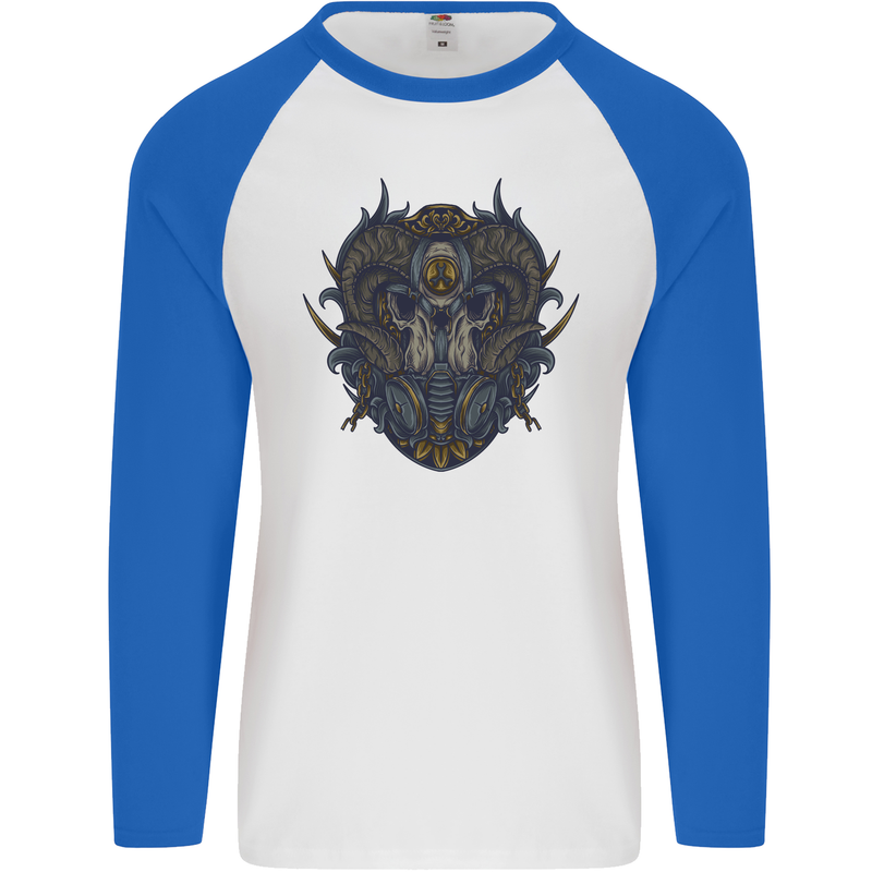 Ram Skull With Respirator Mens L/S Baseball T-Shirt White/Royal Blue