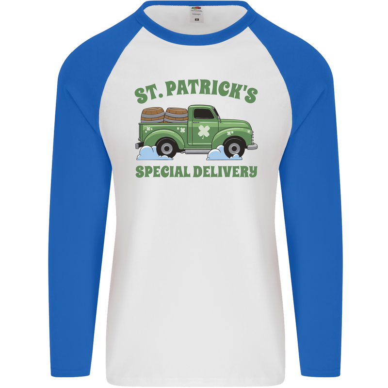 St Patricks Beer Delivery Funny Alcohol Guiness Mens L/S Baseball T-Shirt White/Royal Blue