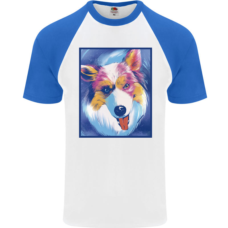 Abstract Australian Shepherd Dog Mens S/S Baseball T-Shirt White/Royal Blue