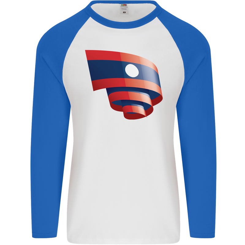 Curled Laos Flag Laotian Day Football Mens L/S Baseball T-Shirt White/Royal Blue