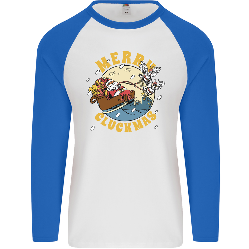 Funny Chickens Merry Cluckmas Mens L/S Baseball T-Shirt White/Royal Blue