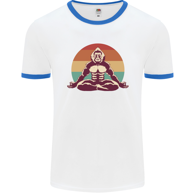Meditating Bigfoot Yoga Mens Ringer T-Shirt White/Royal Blue