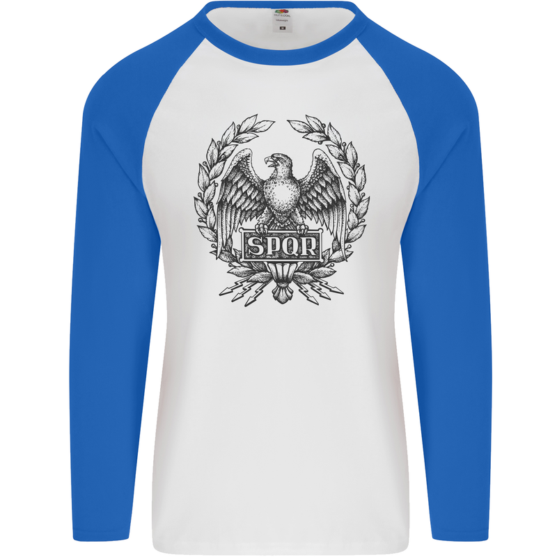 SPQR Roman Emblem Gym Training Top Mens L/S Baseball T-Shirt White/Royal Blue