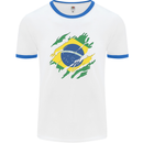 Torn Brazil Flag Brazilian Day Football Mens Ringer T-Shirt White/Royal Blue