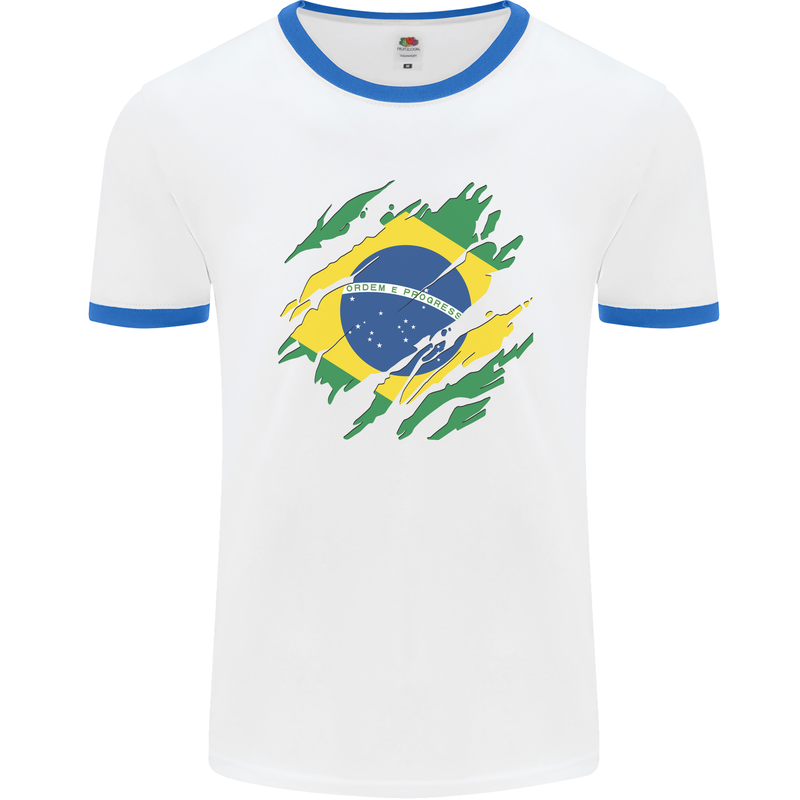 Torn Brazil Flag Brazilian Day Football Mens Ringer T-Shirt White/Royal Blue
