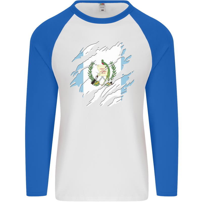 Torn Guatemala Flag Guatemalan Day Football Mens L/S Baseball T-Shirt White/Royal Blue