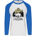 The Woods Calling Camping Trekking Bear Mens L/S Baseball T-Shirt White/Royal Blue