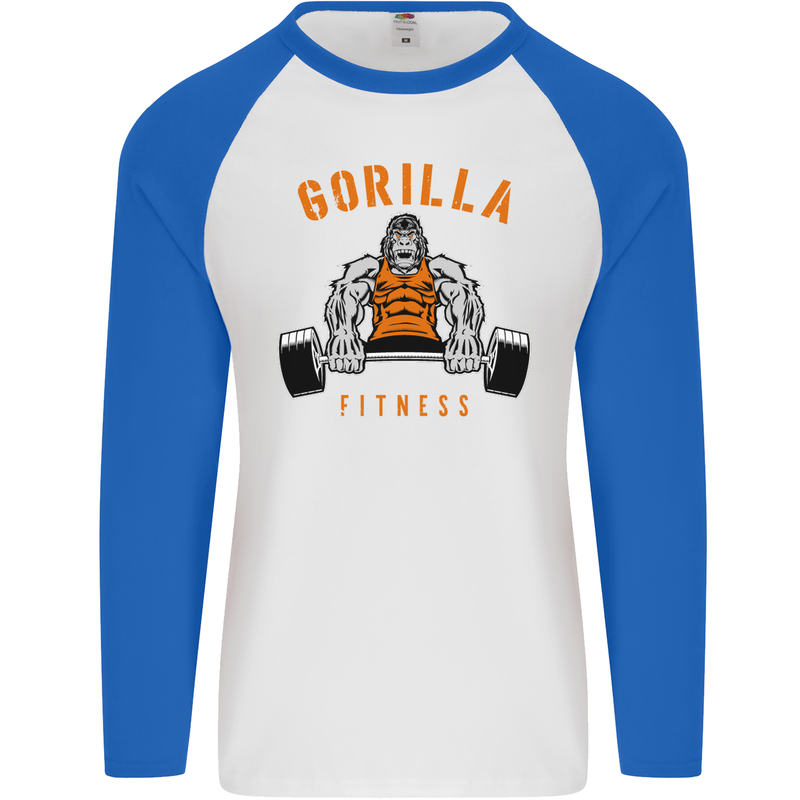 Gym Gorilla Fitness Bodybuilding Training Mens L/S Baseball T-Shirt White/Royal Blue