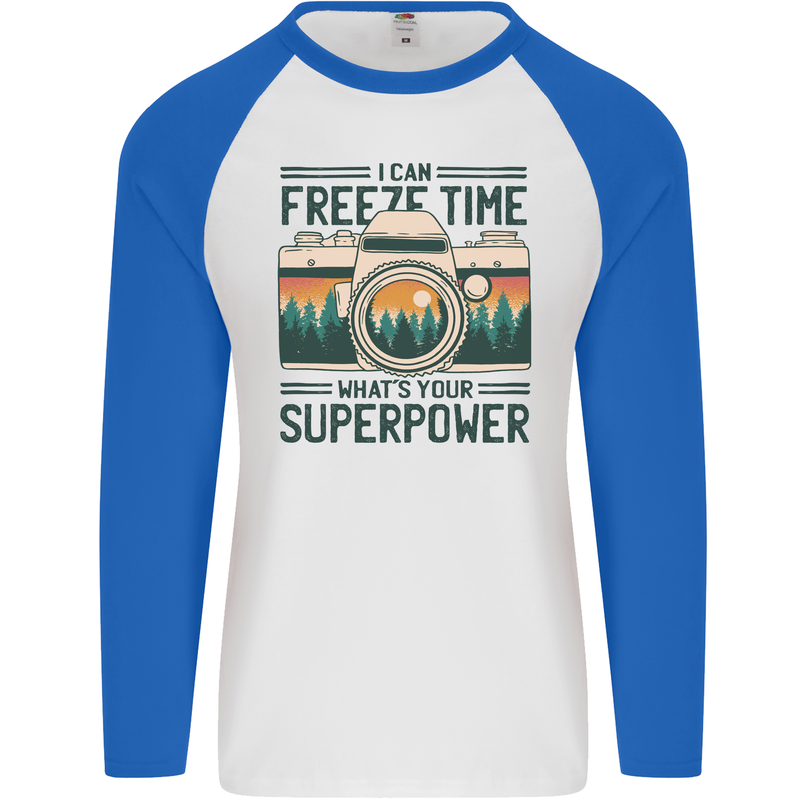 Freeze Time Photography Photographer Mens L/S Baseball T-Shirt White/Royal Blue