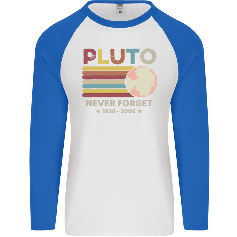 Pluto Never Forget Space Astronomy Planet Mens L/S Baseball T-Shirt White/Royal Blue