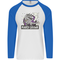 Funny T-Rex Mardi Gras Grawr Dinosaur Mens L/S Baseball T-Shirt White/Royal Blue