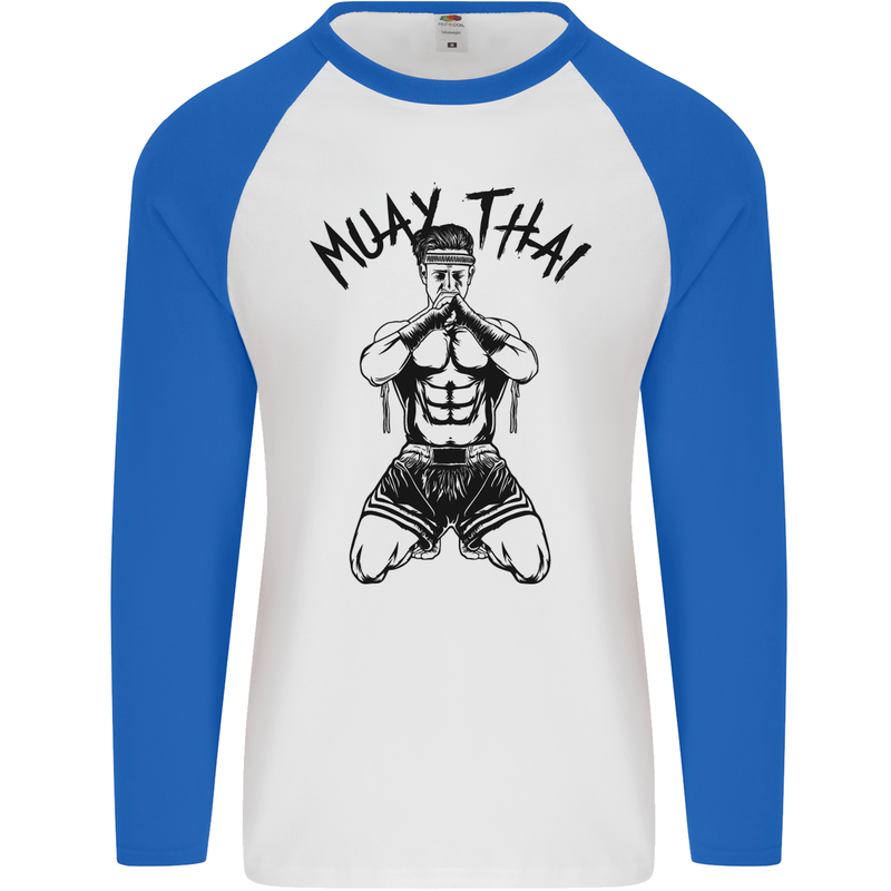 Muay Thai Fighter Mixed Martial Arts MMA Mens L/S Baseball T-Shirt White/Royal Blue