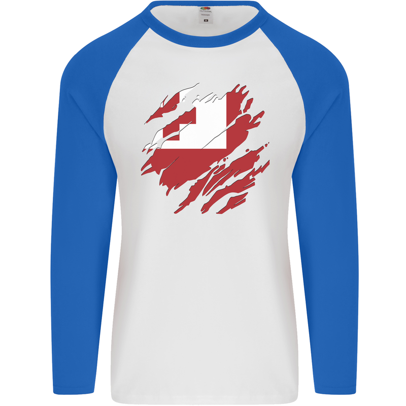 Torn Tongo Flag Tongan Day Football Mens L/S Baseball T-Shirt White/Royal Blue