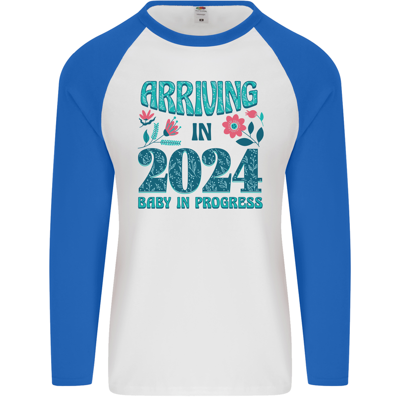 Arriving 2024 New Baby Pregnancy Pregnant Mens L/S Baseball T-Shirt White/Royal Blue