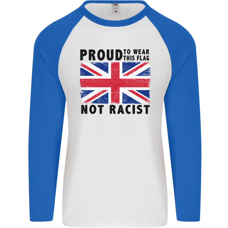 Proud to Wear Flag Not Racist Union Jack Mens L/S Baseball T-Shirt White/Royal Blue