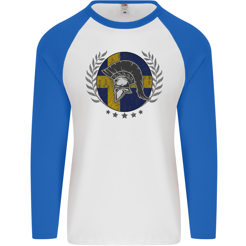 Sweden Bodybuilding Flag Gym Training Swedish Mens L/S Baseball T-Shirt White/Royal Blue