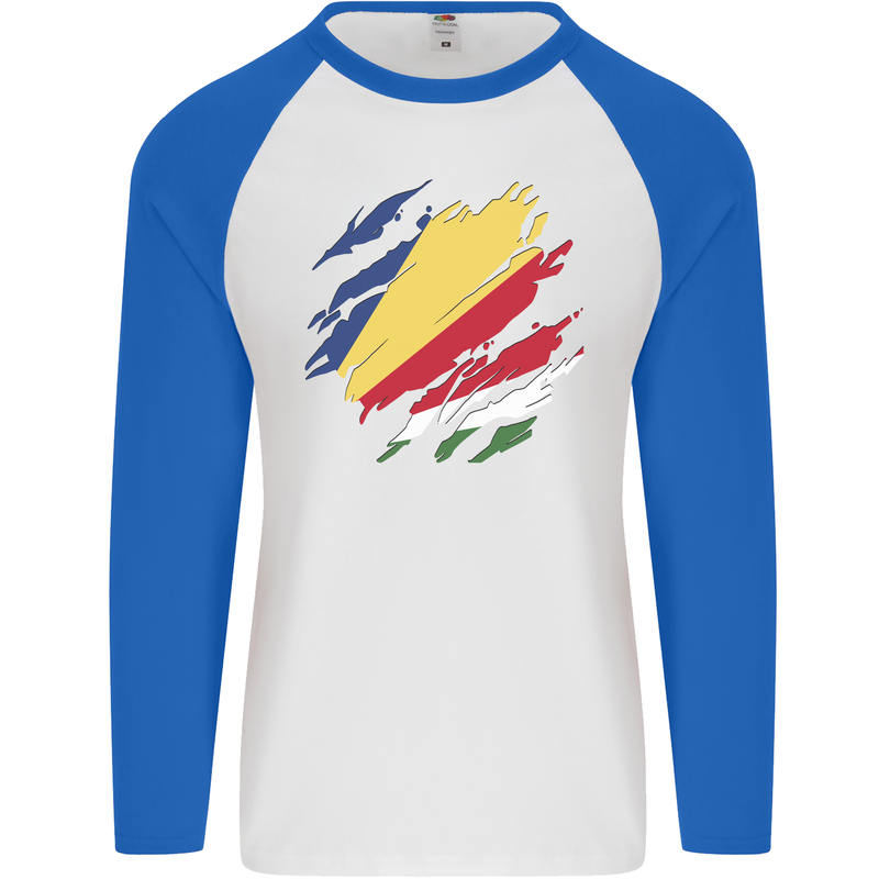 Torn Seychelles Flag Seychellois Day Football Mens L/S Baseball T-Shirt White/Royal Blue