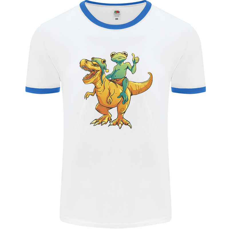 T-Rex and a Frog Dinosaur Mens Ringer T-Shirt White/Royal Blue