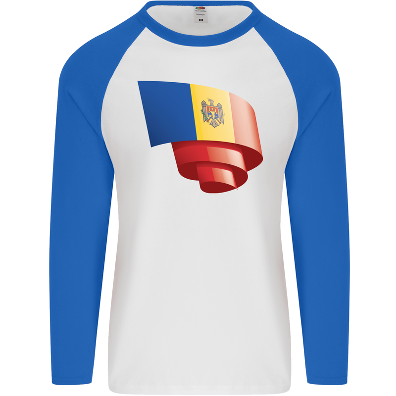 Curled Moldova Flag Moldovan Day Football Mens L/S Baseball T-Shirt White/Royal Blue