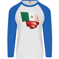 Curled Mexico Flag Mexican Day Football Mens L/S Baseball T-Shirt White/Royal Blue