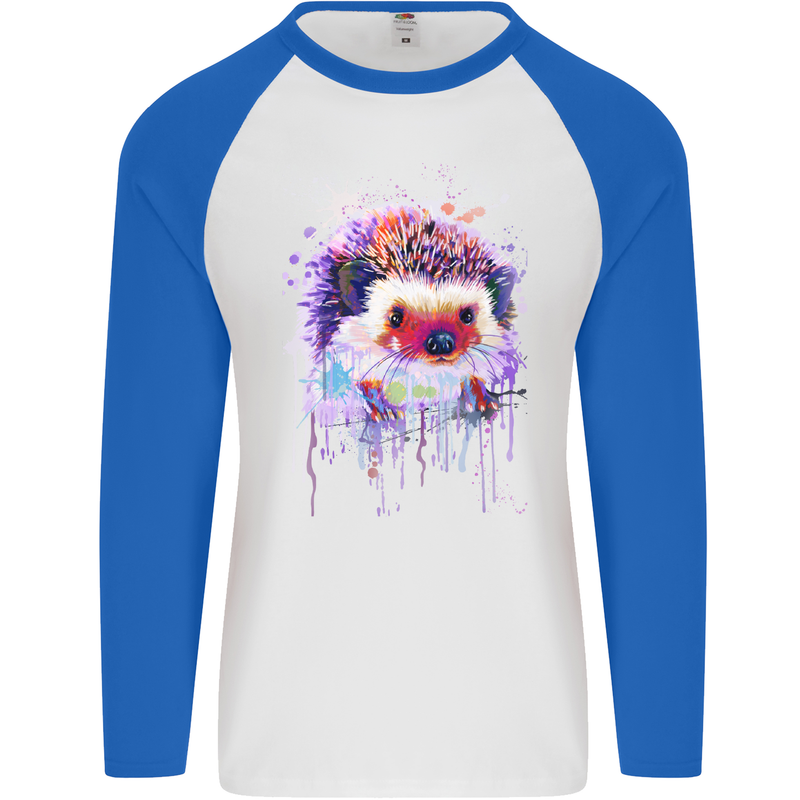 Hedgehog Watercolour Mens L/S Baseball T-Shirt White/Royal Blue