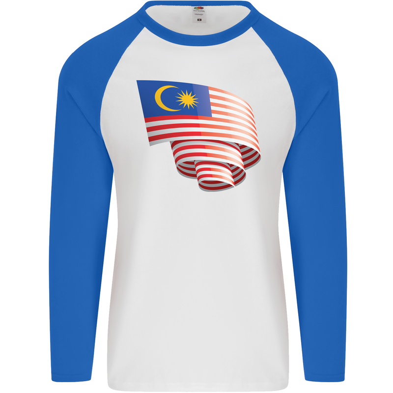Curled Malaysia Flag Malaysian Day Football Mens L/S Baseball T-Shirt White/Royal Blue